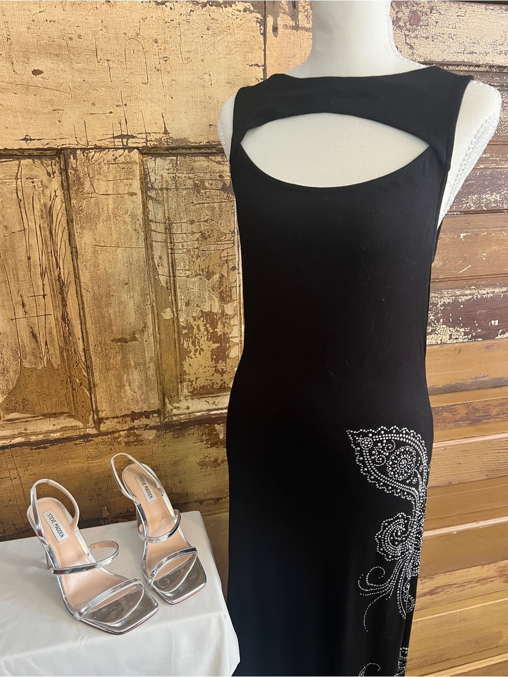 Black Rhinestone Scroll Maxi Dress | Cutout Neckline | Size M